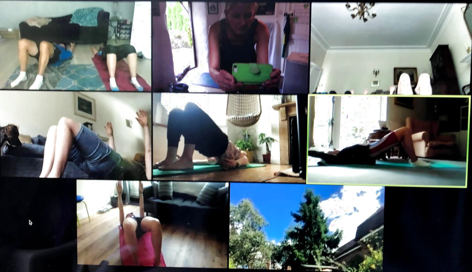 Clients joining a live online Pilates class from home on Zoom